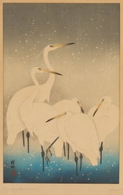 Ohara Koson Japanese Woodblock Print, Egrets in the Snow