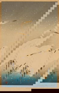 Ohara Koson Japanese Woodblock Print, Egrets in the Snow: Ohara Koson (Japan, 1877-1945) AKA Shoson or Hoson kacho-e bird and flower woodblock print with embossing, 1927. A group of five white egrets stand in water and huddle together as snow falls around th