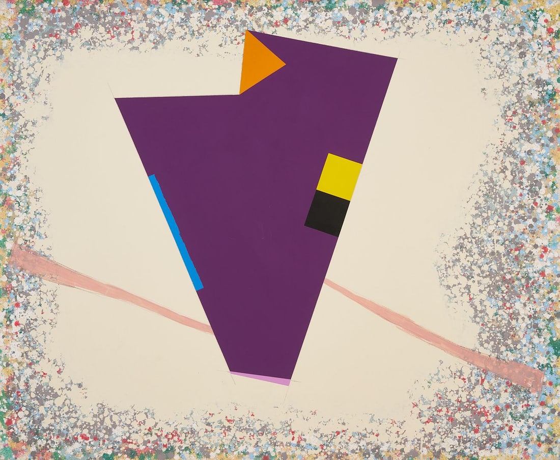 Large Peter Plagens Abstract Painting; You Got Something To Say, Say It: Peter Plagens (American, b. 1941) acrylic on canvas geometric abstraction painting, titled "You Got Something To Say, Say It," 1987. A purple, central form appears to float within a colorful
