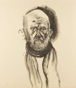 Large Jim Dine Self-Portrait Lithograph, Dine in Black Grease: Jim Dine (American, b. 1935) lithograph on wove paper, &quot;Dine in Black Grease,&quot; 2000. Dine, shown as a portrait head, wears glasses and a long scarf as&nbsp;he&nbsp;looks to the veiwer&#39;s&