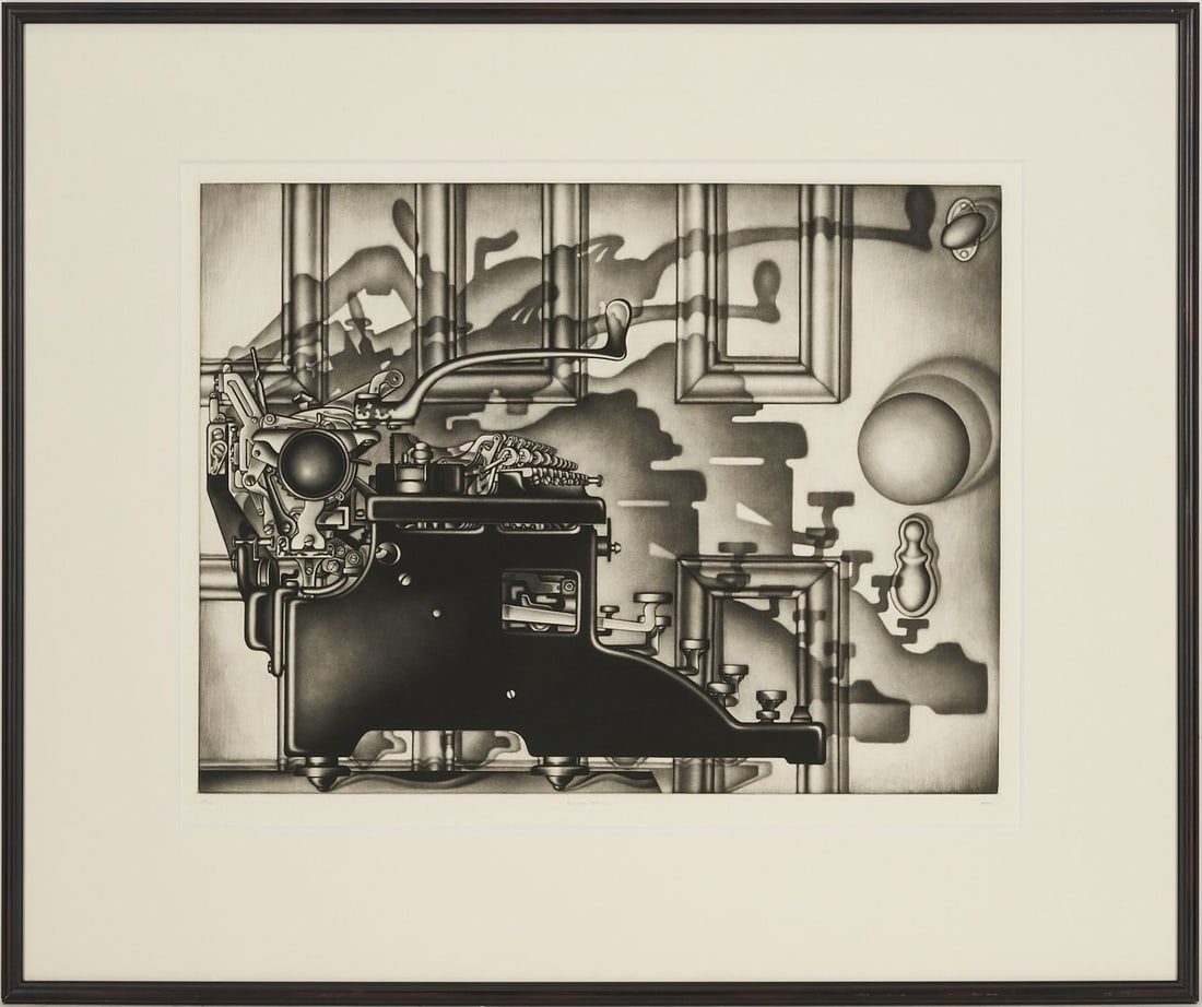 Carol Wax Mezzotint Print, Remington Return: Carol Wax (American, b. 1953) mezzotint, "Remington Return," 1993. A Remington typewriter casts dramatic shadows onto a partially visible door. Signed, titled, and numbered 34/75 in pen