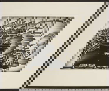 Carol Wax Mezzotint Print, Remington Return: Carol Wax (American, b. 1953) mezzotint, &quot;Remington Return,&quot; 1993. A Remington typewriter casts&nbsp;dramatic shadows onto a partially visible door. Signed, titled, and numbered 34/75 in pen