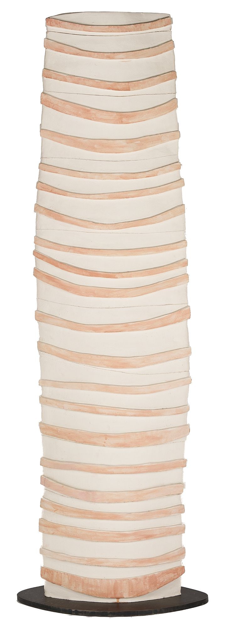 Paloma Torres Estrada Clay Totem Sculpture: Paloma Torres Estrada (Mexico, b. 1960) clay totem sculpture consisting of 9 individual sculpted pieces assembled onto a central rod. The sculpture features a subtle beige background with burnt orange