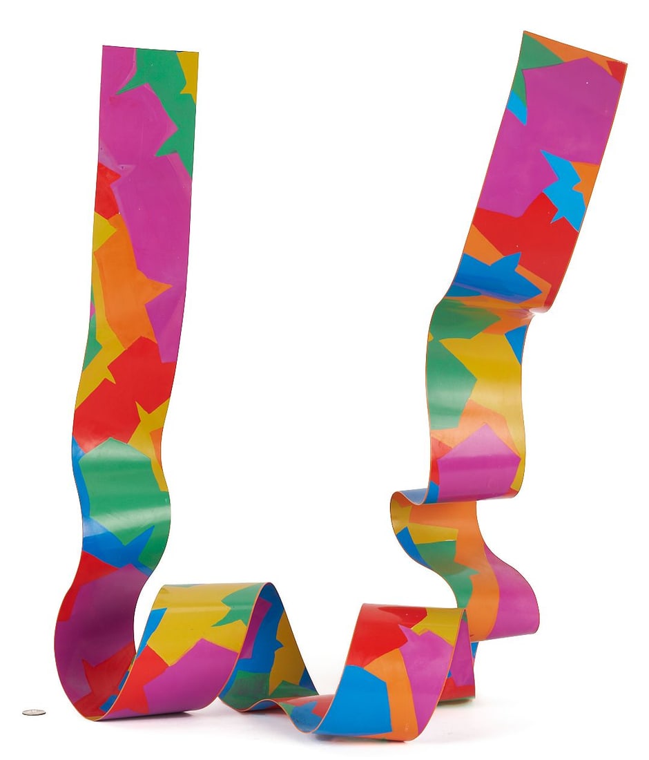 Dorothy Gillespie Enameled Ribbon Sculpture: Dorothy Muriel Gillespie (American/New York, 1920-2012) tabletop enamel over aluminum ribbon sculpture painted in bright primary colors. Signed Dorothy Gillespie and dated 1982 on the top of the base.