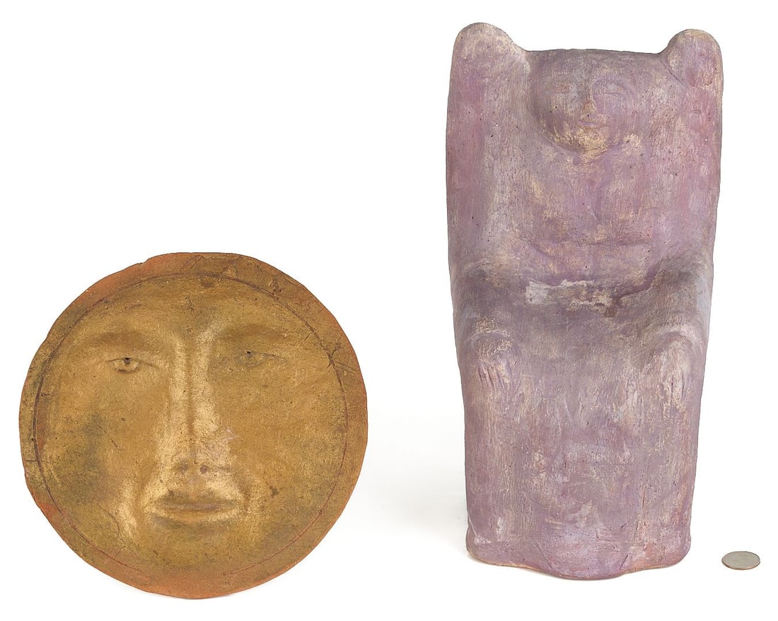 Olen Bryant, Purple Ceramic Sculpture of Chair Angel plus Small Mask (1 of 15)