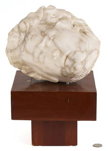 Greco Roman Style Marble Head Sculpture: Classical Greek inspired carved marble sculpture depicting the head of a young man. Unsigned. 9 in H x 8 in diameter. Includes&nbsp;a square stepped wooden plinth for display, measuring 6 1/2 in H x 8