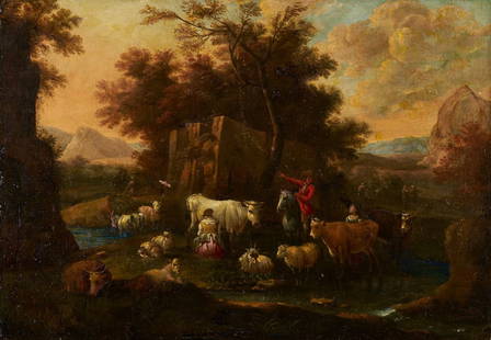Attrib. Philipp Peter Roos, 17th C. Italian Pastoral Landscape w/ Cattle: Continental School painting, 17th C., attributed to Philipp Peter Roos (German//Italian, 1655-1706), also known as&nbsp;Rosa di Tivoli, oil on canvas Italianate&nbsp;pastoral landscape with multiple f