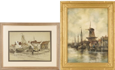 European Harbor Watercolor Scenes, Alfred Fisher and Willem Leenders