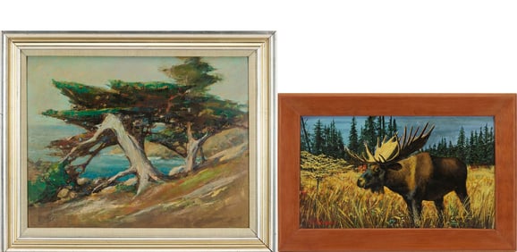 2 Western Paintings Incl. Stephen Hennessy, Monterey Cypress & Moose