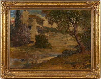 Miles Early O/C Texas Landscape Painting, El Estado: Miles Jefferson Early (Texas/Illinois, 1886-1957) oil on canvas landscape painting titled "El Estado" (The State) depicting a large white stucco manor house with other structures and rolling hills vis