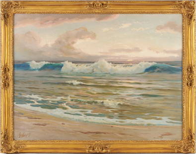 Large Angel Espoy O/C Seascape Painting: Angel De Service Espoy (California, 1879-1963) oil on canvas seascape painting depicting waves pounding onto a shoreline at sunrise. Signed lower left "A. Espoy". Housed in a gilt-carved rococo-style