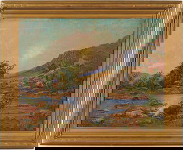 Large James Merriam O/C Western Landscape: Large James Arthur Merriam (American/California, 1880-1951) oil on canvas Western desert landscape at sunset or sunrise depicting a small stream with red clay, rocks and vegetation, foreground, and re