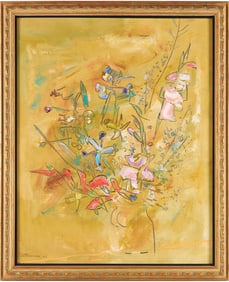 Large Sterling Strauser O/B Still Life Painting, Yellow Background