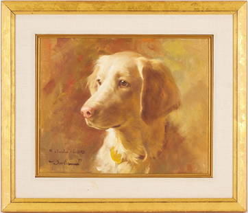 Joseph Bowler O/C Portrait of a Dog: Joseph Bowler (American/ New York/South Carolina, 1928-2017) oil on canvas portrait of a golden retriever. Inscribed "To Charles & Collette (the dog)" and signed and dated lower left "J. Bowler '99".