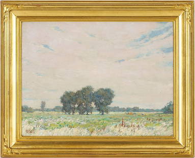 Ellsworth Young O/B Impressionistic Spring Landscape: Ellsworth Young (Illinois/Iowa, 1866-1952) impressionistic oil on board landscape painting depicting a spring or summer meadow with a copse of trees to the center with a lone figure to the right and