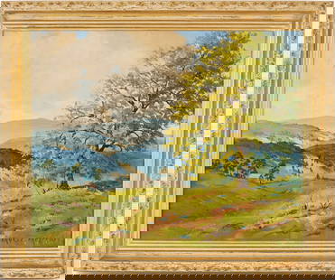 Ernest Fredericks O/C Painting, PA Landscape, Near Bedford: Ernest T. Fredericks (Arkansas/Illinois, 1877-1959) oil on canvas painting titled "Pennsylvania Landscape, Near Bedford" depicting a hilly spring landscape, a cabin visible in the middle ground