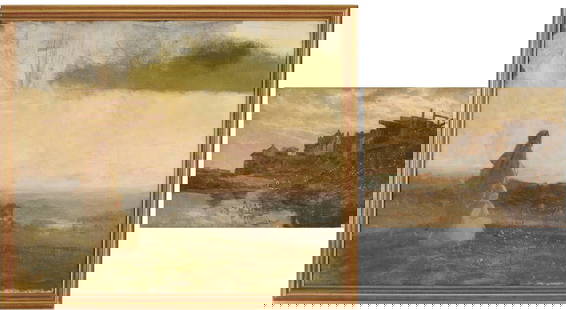 2 Carl Gutherz Oil Study Paintings Incl. Normandy & Sixth Day: Two (2) Carl Gutherz or Guthers (Tennessee/Missouri, 1844-1907) oil studies. 1st Item:&nbsp;Oil on canvas landscape painting of two figures, viewed from behind, who look out over an expansive sunset l
