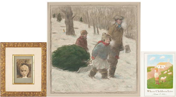 2 Thomas B. Allen Works on Paper Plus Book: Two (2) works on paper and one (1) book by Thomas B. Allen (Tennessee/New York, 1928-2004). 1st item: Watercolor painting depicting the head of a young boy against a gray background. Floated on a