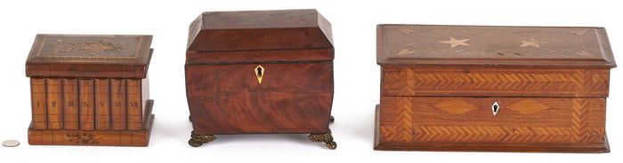 3 Boxes: Tea Caddy, Folk Art Box, Tunbridge Book Box