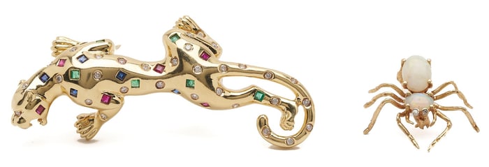 Two 14K Gold & Gemstone Animal Brooches