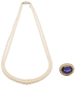 14K Gold & Pearl Necklace with 14K Gold, Sapphire & Pearl Brooch