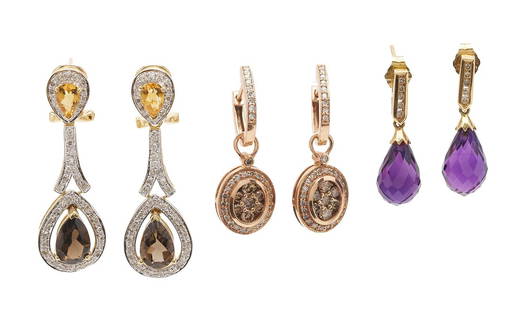 3 Pair of 14K & Gemstone Earrings: 1st item: Ladies' 14K yellow gold pair of pierced clip back earrings featuring two (2) citrine and two (2) smoky quartz accented by ninety two (92) single cut melee diamonds. The earrings are marked "