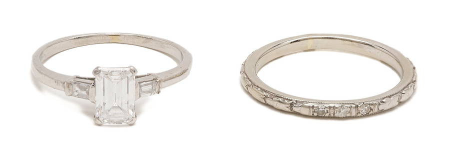 18K Gold & Platinum Wedding Set: 1st item: Ladies' platinum engagement ring featuring one (1) emerald cut diamond approximately 0.84 carats, Clarity-SI1, Color-I, accented by two (2) baguette cut diamonds approximately 0.06 carats to