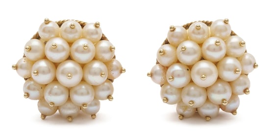 Pair 14K Gold & Pearl Cluster Earrings