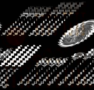 19 pcs Kirk Rose Sterling Flatware plus 1 Sterling Plate: 19 pieces S. Kirk &amp; Son Sterling Silver flatware in the Rose pattern, including 4 dinner knives, 4 dinner forks, 4 salad/dessert forks, 4 teaspoons, 1 gravy ladle, 1 tablespoon, and 1 pierced tabl