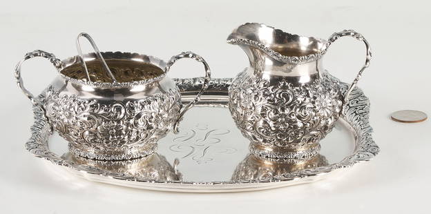 4 Sterling Silver Serving Items, incl. Tiffany Tray: 1st item: A square form Tiffany & Company sterling tray with repousse border, underside marked "Tiffany & Co., 11734 Makers 5152, 925-1000". Date letter mark for 1892 - 1902. 8 3/4" square. 14.080 tro