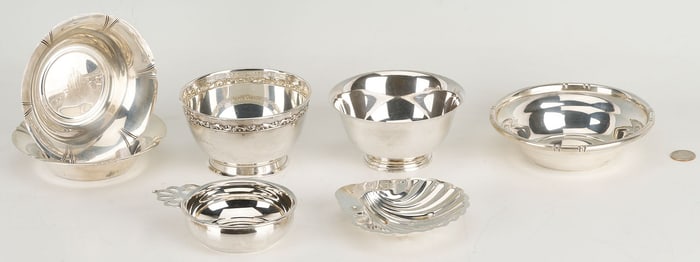 7 Sterling bowls including Kirk shell, Web porringer