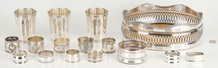 16 pcs Hollowware including Juleps, Napkin Rings, Wine Coaster