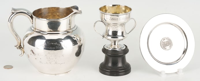3 pcs Presentation Silver incl Golf Trophy Pitcher, USS California Plate