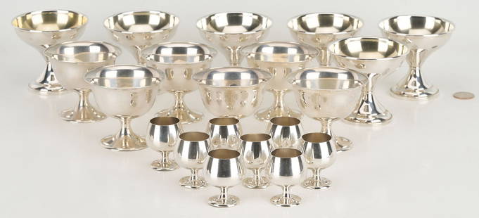 20 pcs. Sterling Sherbets, Weighted plus Sterling Cordials: Six (6) sterling silver sorbet cups, 3 in. H and are marked to the underside with a dancing lion maker's mark and the number “3901”. Six (6) Hamilton weighted sorbet cups, 3 in.