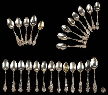 26 Assorted Antique Sterling Silver Spoons, incl. Monogrammed: An assortment of twenty-six (26) antique sterling silver spoons. Eight (8) monogrammed, some inscriptions include: "Fargo N.D.," "Blanche 1904," "Ruth," and "Mildred," as well as spoons in decorative