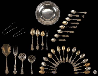35 Assorted Sterling Silver Items., incl. Souvenir Spoons: Thirty-five (35) assorted sterling silver items including: 1 Wallace small bowl, H105 pattern; 1 Saart Brothers casserole spoon with gilt wash bowl; 2 pairs R. Wallace & Sons sugar tongs; 1 R.