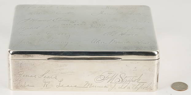 Hodgson, Kennard & Co. Sterling Presentation Box: Hodgson, Kennard & Company sterling silver presentation box. Engraved presentation reading "G. A. D. / 1867 Sept. 12 1917", likely a retirement gift. The exterior with engraved signatures, presumably