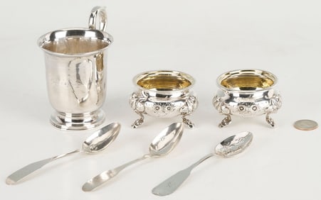 6 pcs Coin Silver: 1 mug, 2 salts, 3 spoons