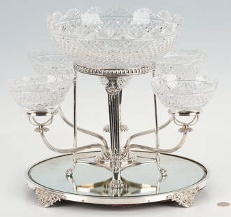 Silverplated Epergne and Plateau: English Neoclassical style silver plated&nbsp;epergne, together with a silverplated plateau. 1st item: Epergne with center cut crystal bowl raised on a quadruped base with neoclassical style legs and