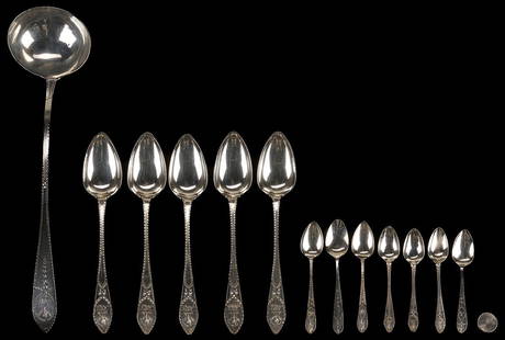 Maclean Family Scottish Sterling Silver Flatware: Fourteen (14) pieces 18th Century Scottish and Irish Sterling Silver flatware, most bearing the MacLean family coat of arms, including one (1) soup or punch ladle hallmarked for James Hewitt and