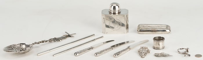 10 Silver items incl. Tea Caddy, Larding Needles, Cigar Case, Brooches