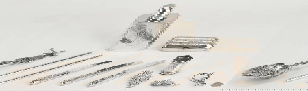 10 Silver items incl. Tea Caddy, Larding Needles, Cigar Case, Brooches: 10 assorted Sterling, Coin Silver and Silver Plated items&nbsp;including: 1 Goodnow and Jenks Sterling Silver Tea Caddy, c. 1900, with canted sides and domed lid, bright cut decoration and 3-part scri