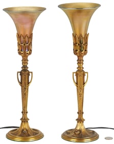 Pr. Art Nouveau Bronze & Art Glass Table Lamps