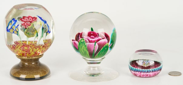 3 Art Glass Paperweights Incl. Pairpoint
