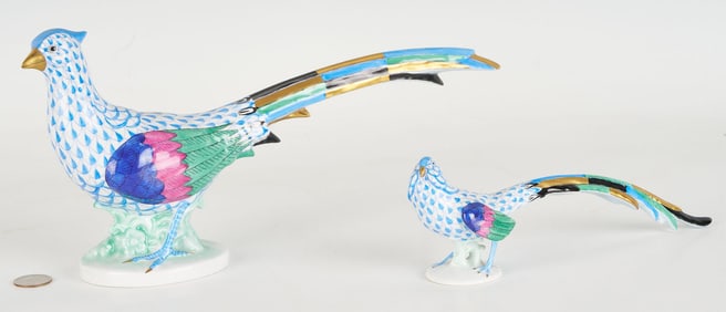 2 Herend Blue Fishnet Porcelain Pheasants