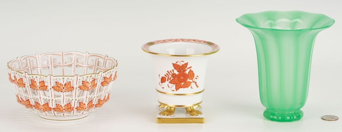2 Herend Porcelain Items plus Steuben Green Glass Vase
