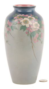 Rookwood Floral Vase, Lenore Asbury: Rookwood American Art Pottery Vase, with flared rim and tapering body having pink floral decoration around the shoulders on a violet-shaded-to-gray ground; matte or vellum glaze. Incised initials