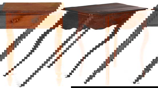 Tennessee Cherry One Drawer Table and Southern Cabriole Stand: Tennessee Cherry One-Drawer Table and Southern Cabriole Stand. 1st Item: Tennessee Sheraton cherry one drawer table consisting of a rectangular top over a dovetailed drawer with a wooden pull.