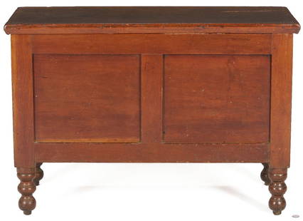 Cherry Sheraton Paneled Blanket Chest: Cherry Sheraton paneled blanket chest with poplar secondary. Hinged rectangular top and canted molding over paneled sides, case resting on double ring turned feet. 25 3/4 in. H x 37 3/4 in.