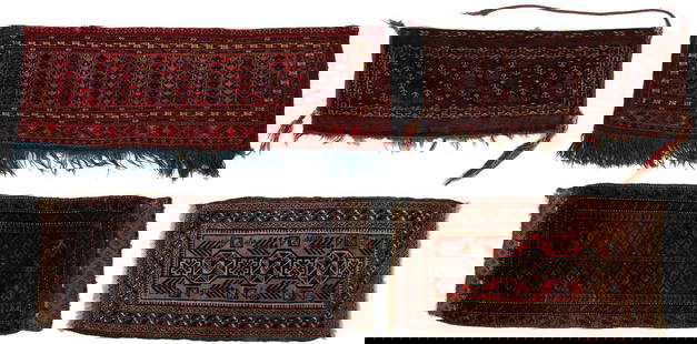 2 Antique Turkmen Torbas & 2 Antique Baluch Balisht Pillows: Two antique Turkmen torbas and two antique Baluch Balisht pillows including a Tekke Torba circa 1890 (4 ft 9 in&nbsp;1 ft 8 in), a&nbsp;Yomud Torba full bag circa 1880 (3 ft x 1 ft 3 in), a Baluch Bal